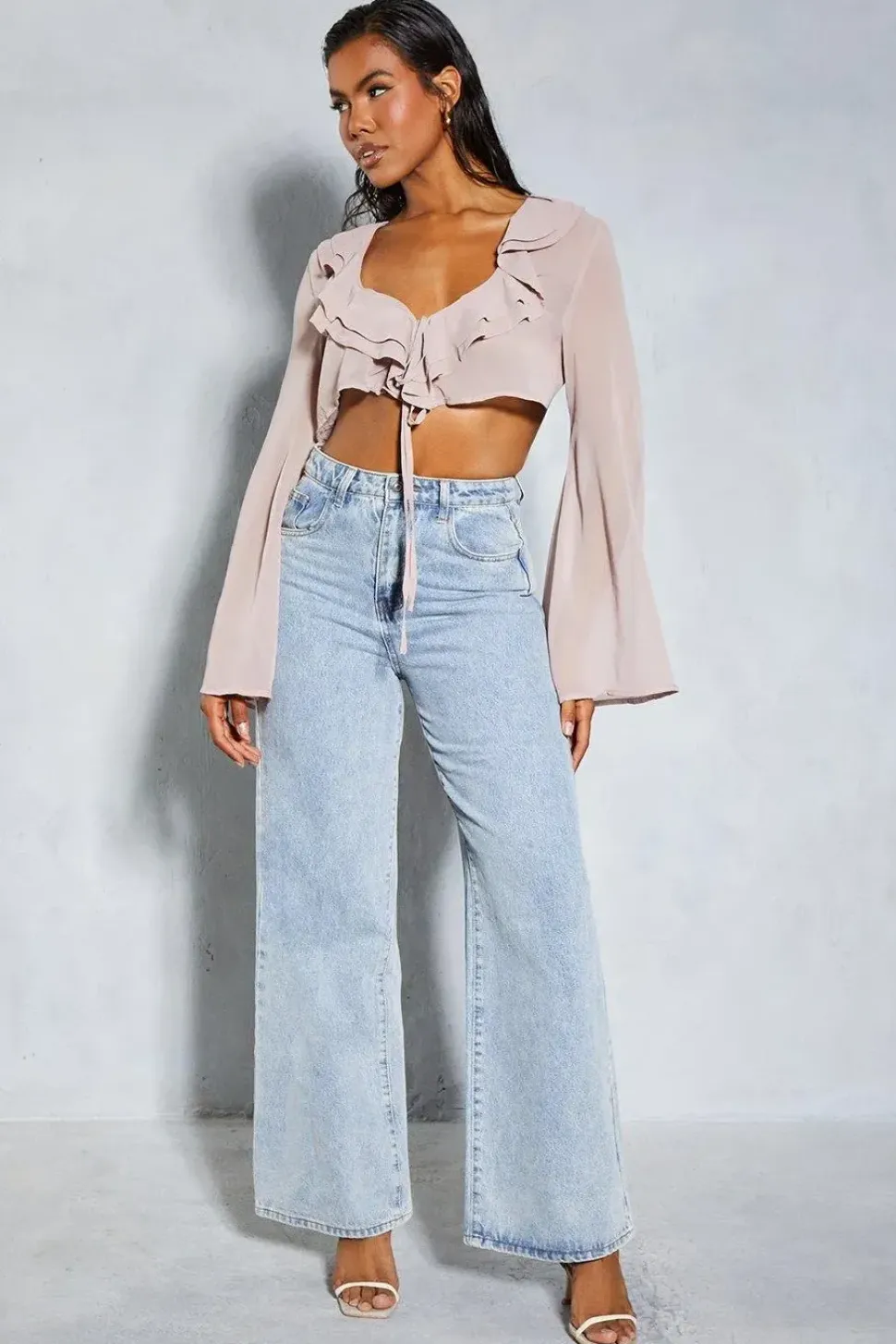 Chiffon Frill Layered Flute Sleeve Cropped Blouse