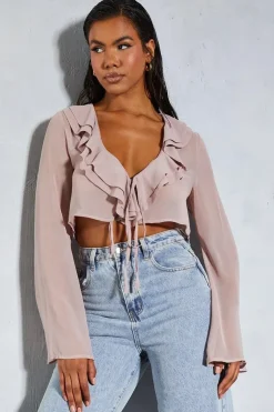 Chiffon Frill Layered Flute Sleeve Cropped Blouse