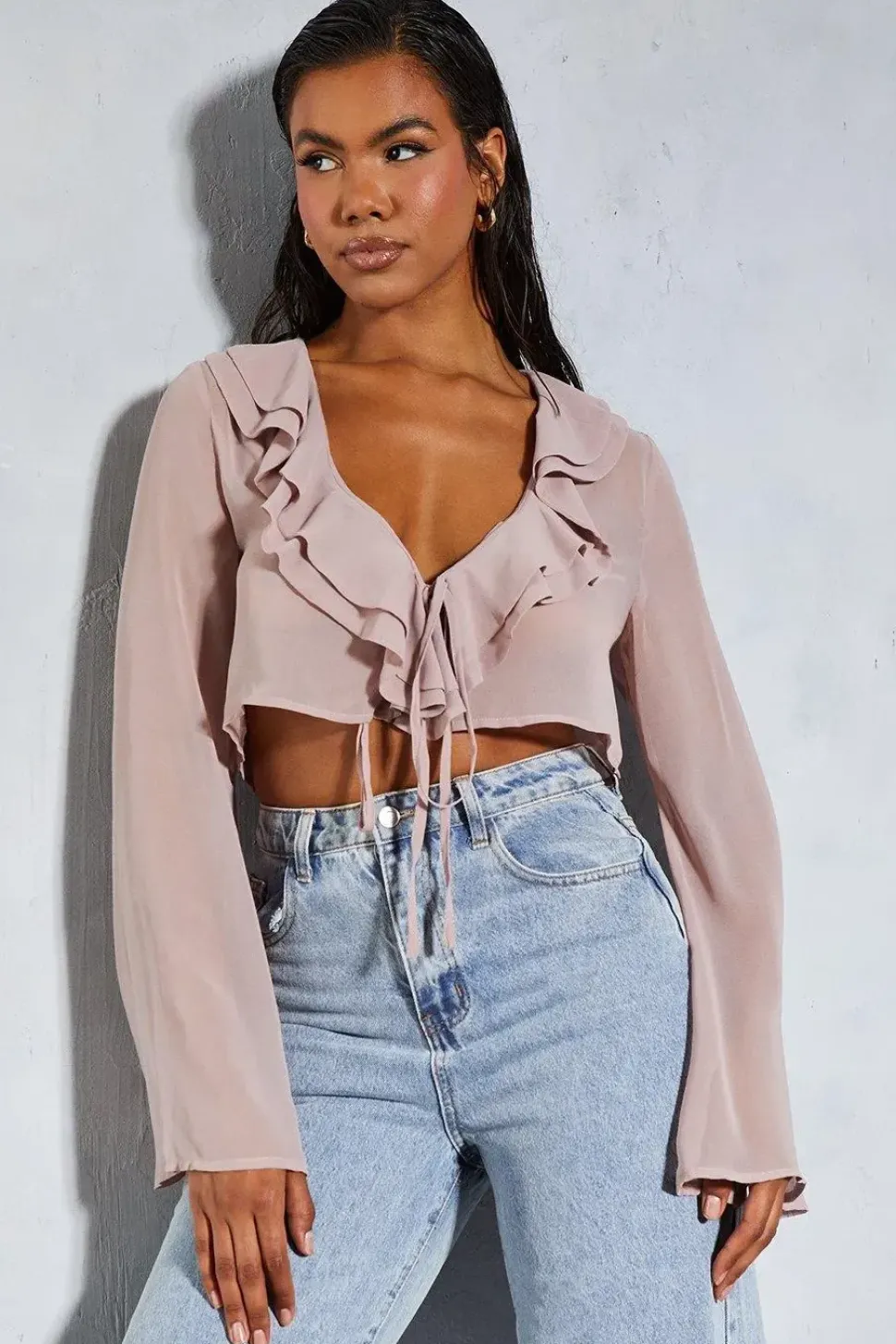 Chiffon Frill Layered Flute Sleeve Cropped Blouse