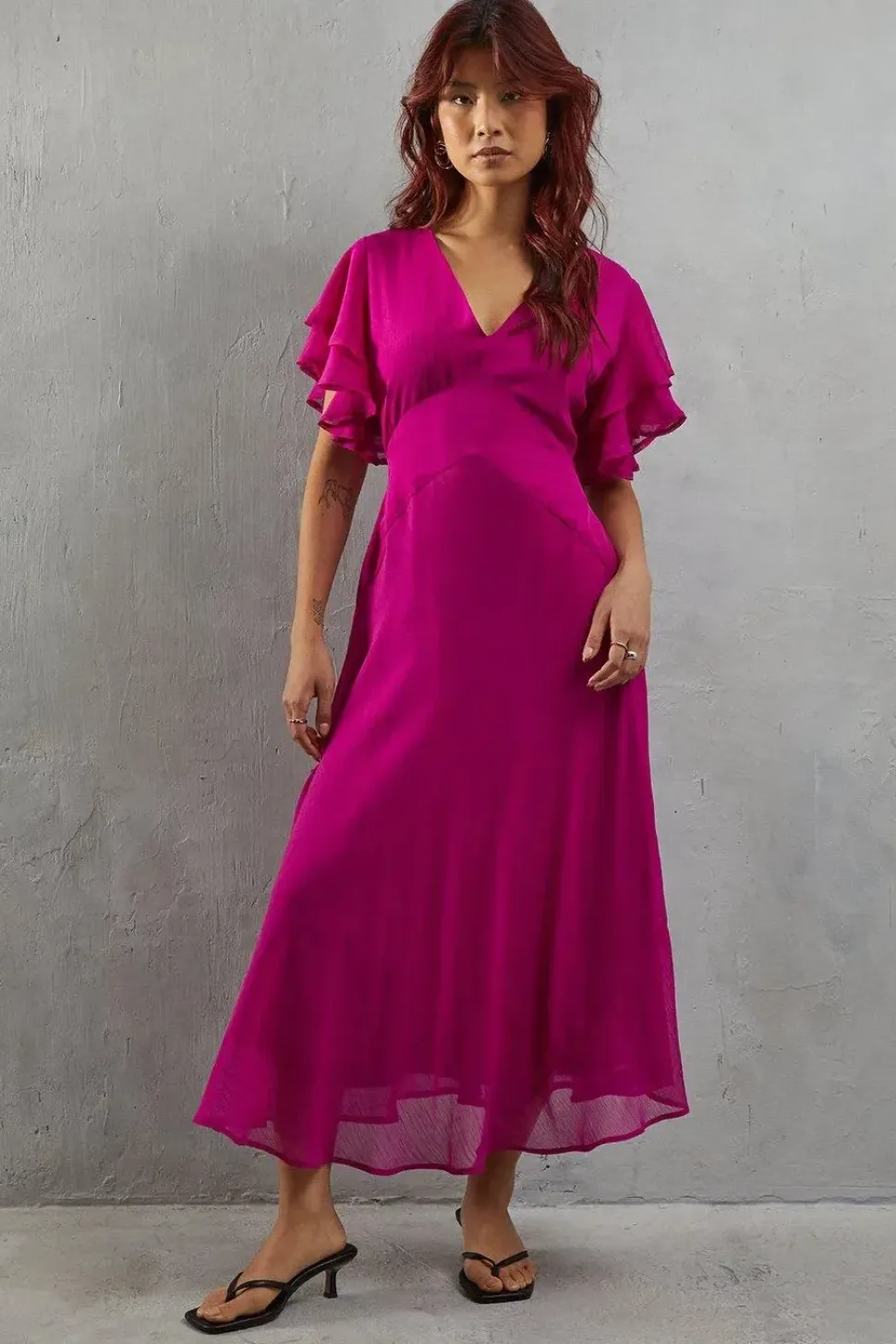 Chiffon Frill Sleeve Midi Tea Dress