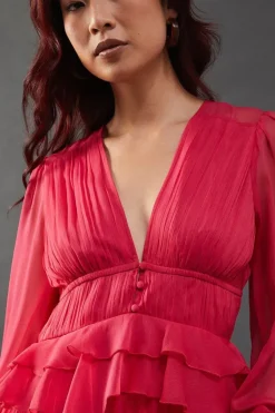 Chiffon Frill Waist Pleated Midaxi Dress