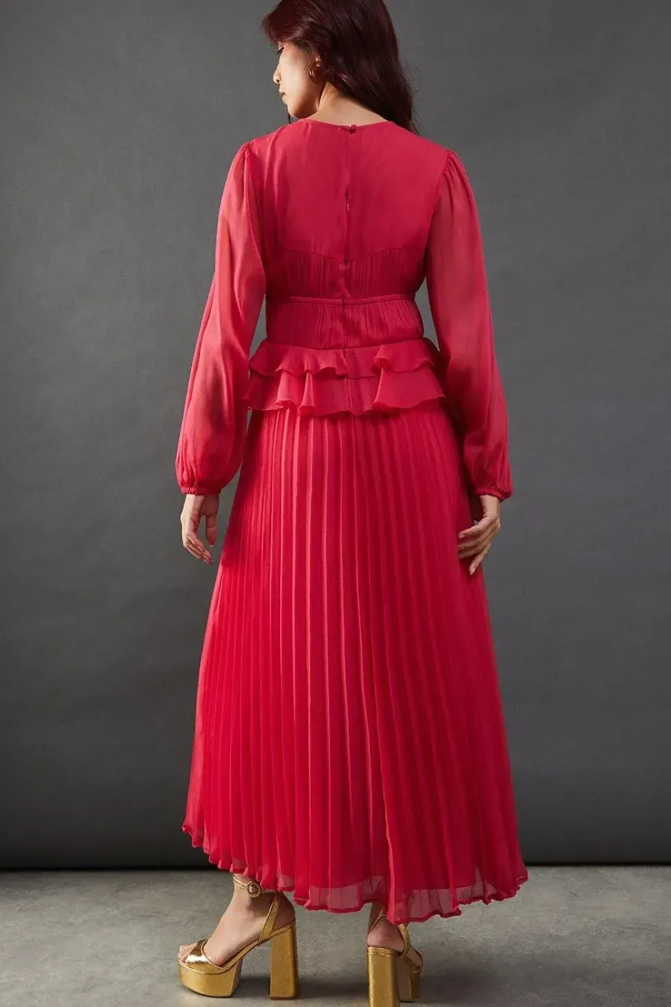 Chiffon Frill Waist Pleated Midaxi Dress
