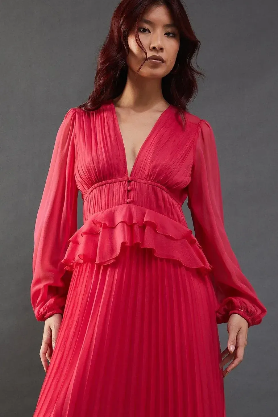 Chiffon Frill Waist Pleated Midaxi Dress