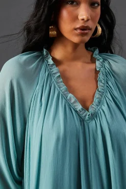 Chiffon Gathered Neck Trapeze Midi Dress