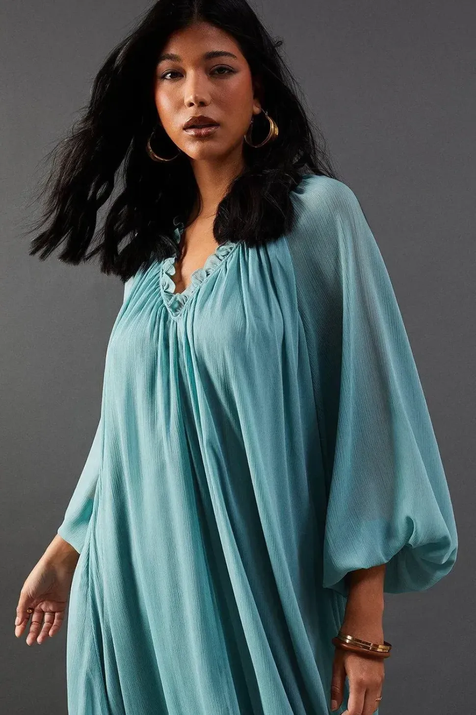 Chiffon Gathered Neck Trapeze Midi Dress