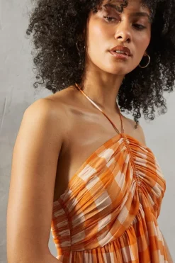 Chiffon Gingham Halter Ruched Bust Trim Midaxi Dress
