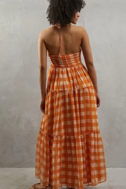 Chiffon Gingham Halter Ruched Bust Trim Midaxi Dress
