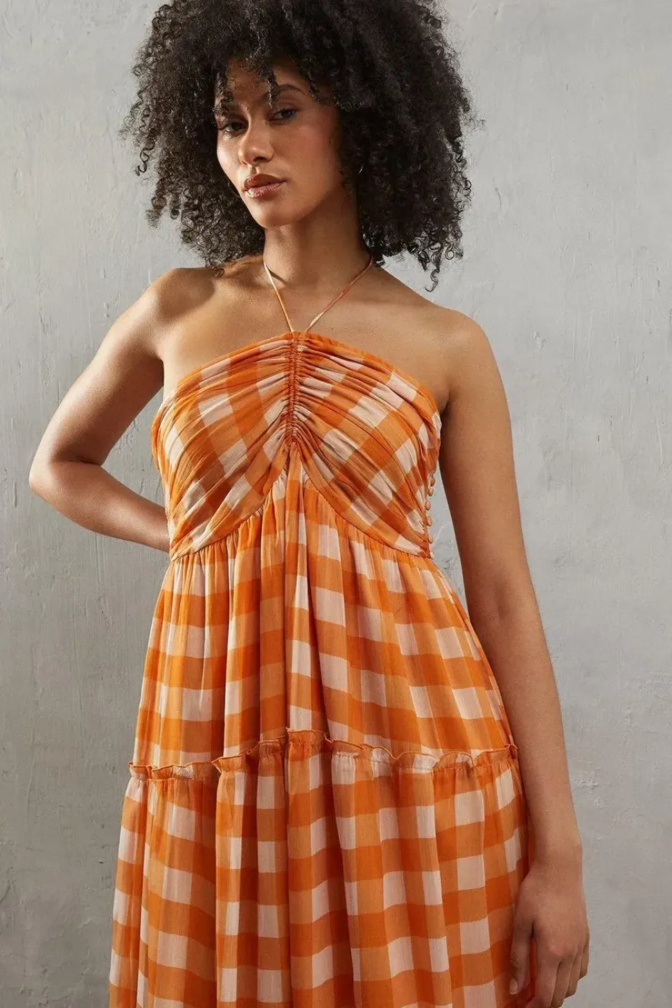 Chiffon Gingham Halter Ruched Bust Trim Midaxi Dress