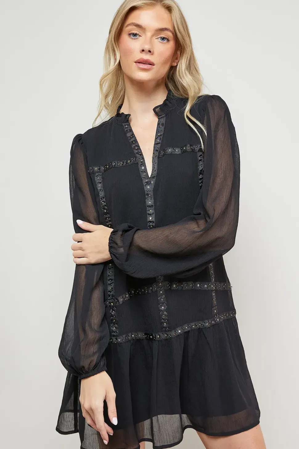 Chiffon Hand Embellished Trim Mini Dress