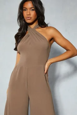 Chiffon Knot Detail Halterneck Wide Leg Jumpsuit