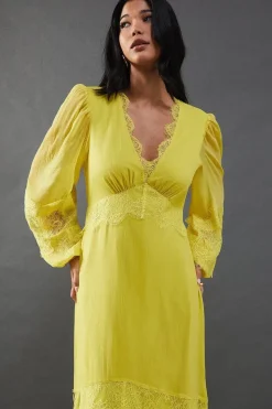Chiffon Lace Insert Plunge Neck Maxi Dress