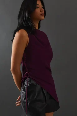 Chiffon Lace Up Detail Slash Neck Top
