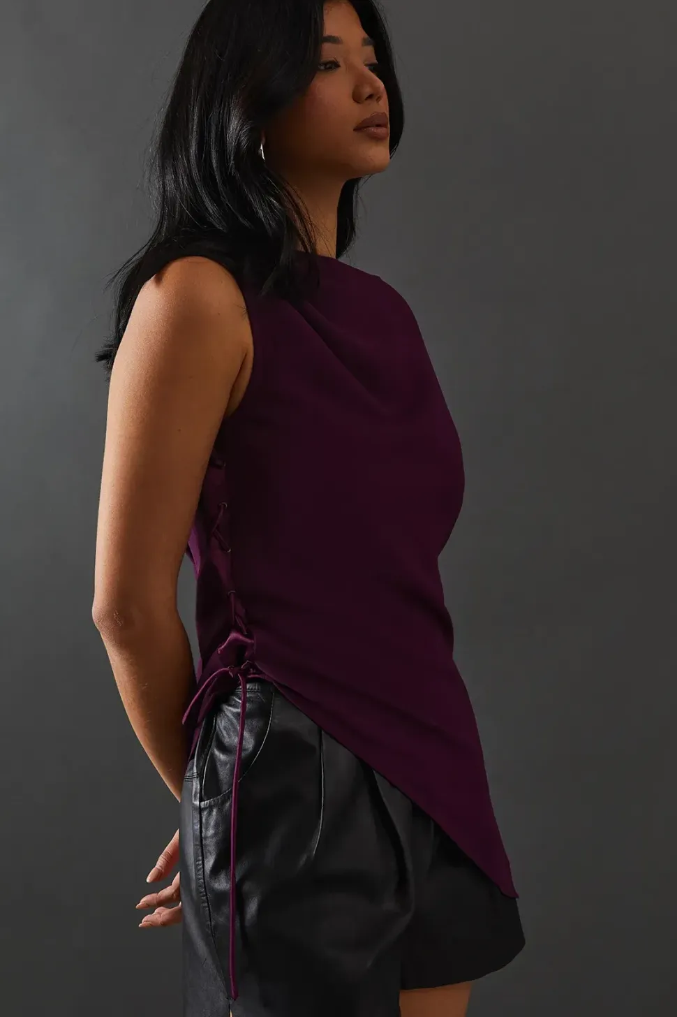 Chiffon Lace Up Detail Slash Neck Top