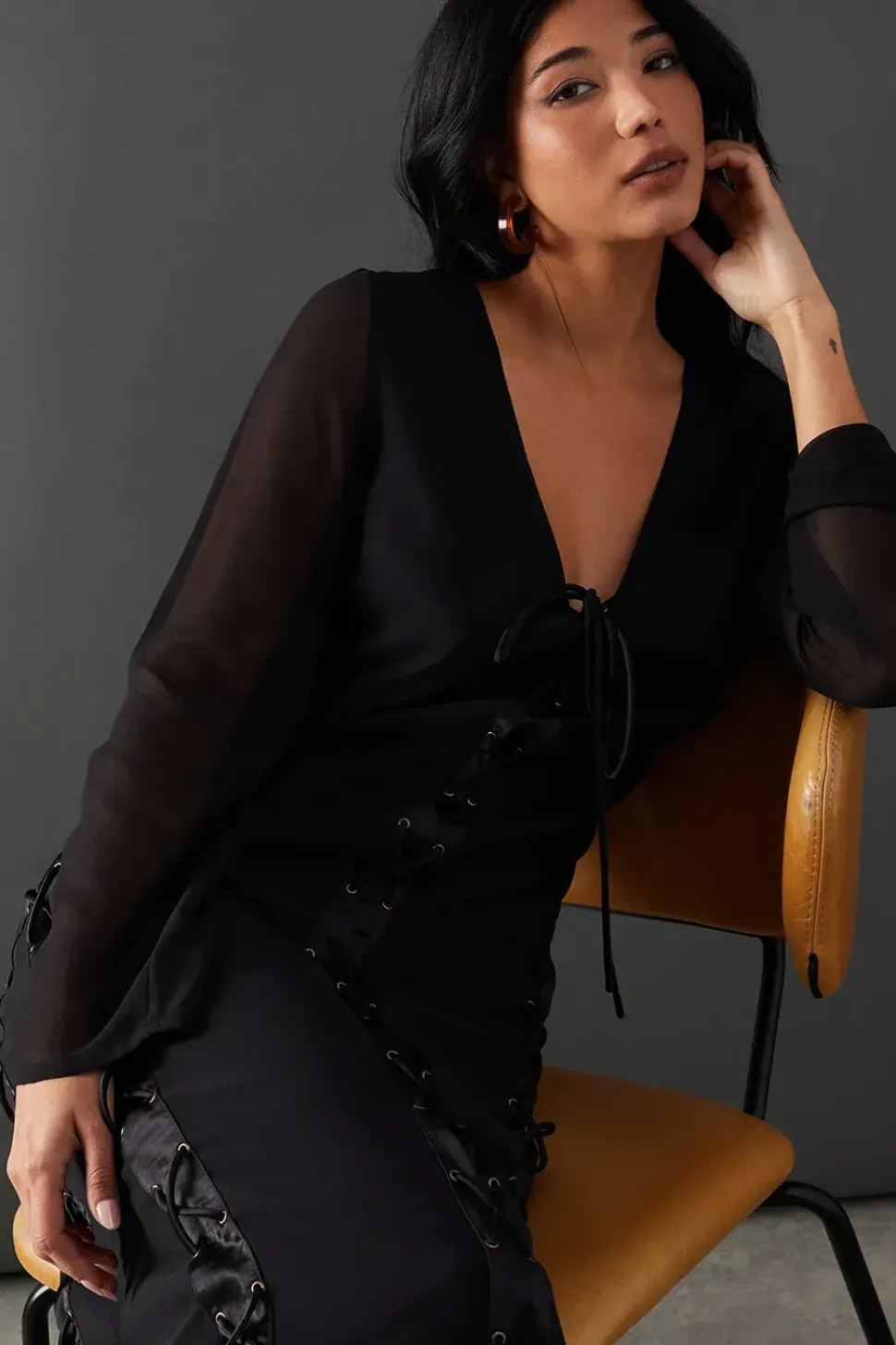Chiffon Lace Up Panelling Midi Dress