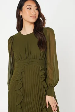 Chiffon Long Sleeve Ruffle Midi Wedding Guest Dress