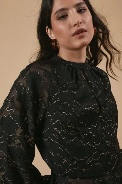 Chiffon Metallic Jacquard Keyhole Blouse