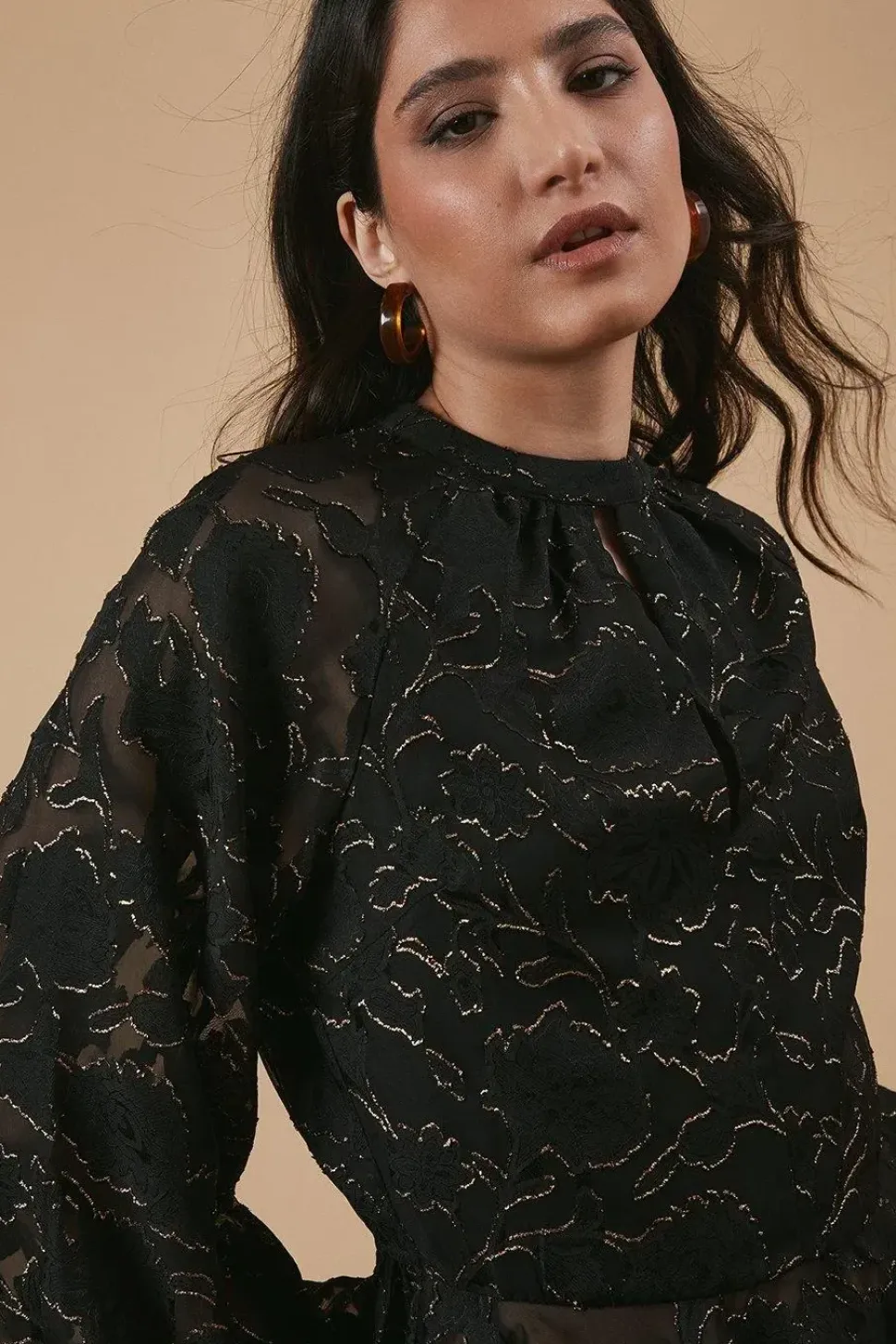 Chiffon Metallic Jacquard Keyhole Blouse