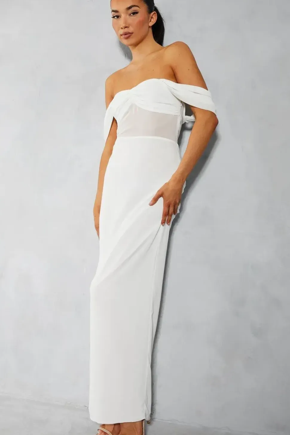 Chiffon Off The Shoulder Ruched Detail Maxi Dress