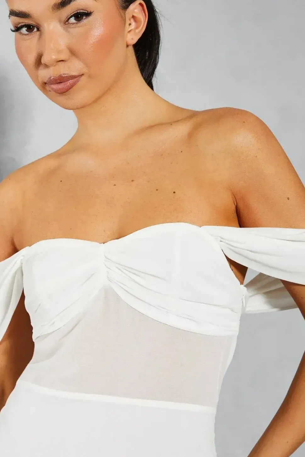 Chiffon Off The Shoulder Ruched Detail Maxi Dress