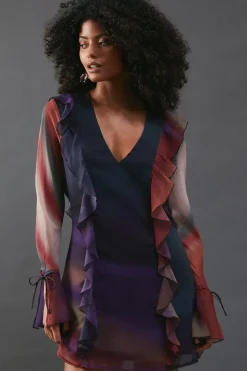 Chiffon Ombre Ruffle Detail Tie Sleeve Mini Dress