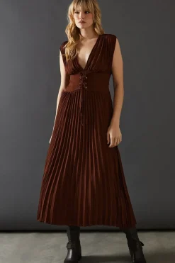 Chiffon Pleated Plunge Neck Lattice Front Midi Dress