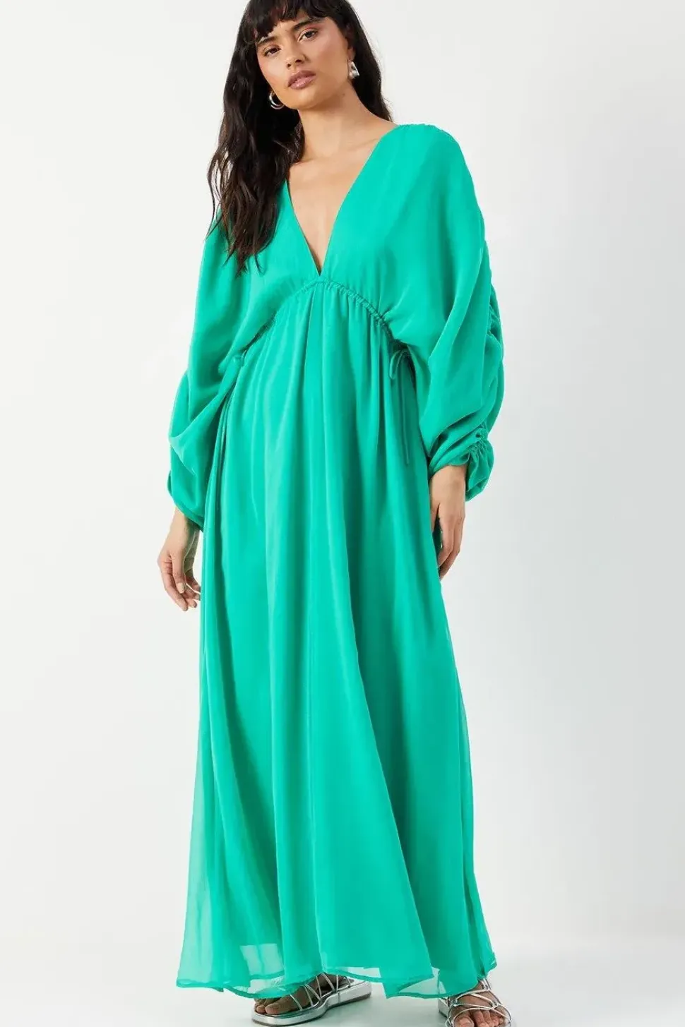 Chiffon Pleat Plunge Neck Batwing Midaxi Dress