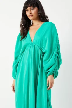 Chiffon Pleat Plunge Neck Batwing Midaxi Dress