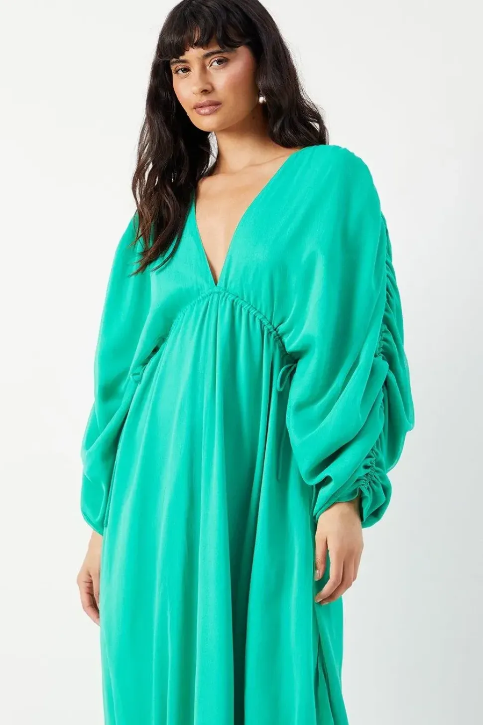 Chiffon Pleat Plunge Neck Batwing Midaxi Dress