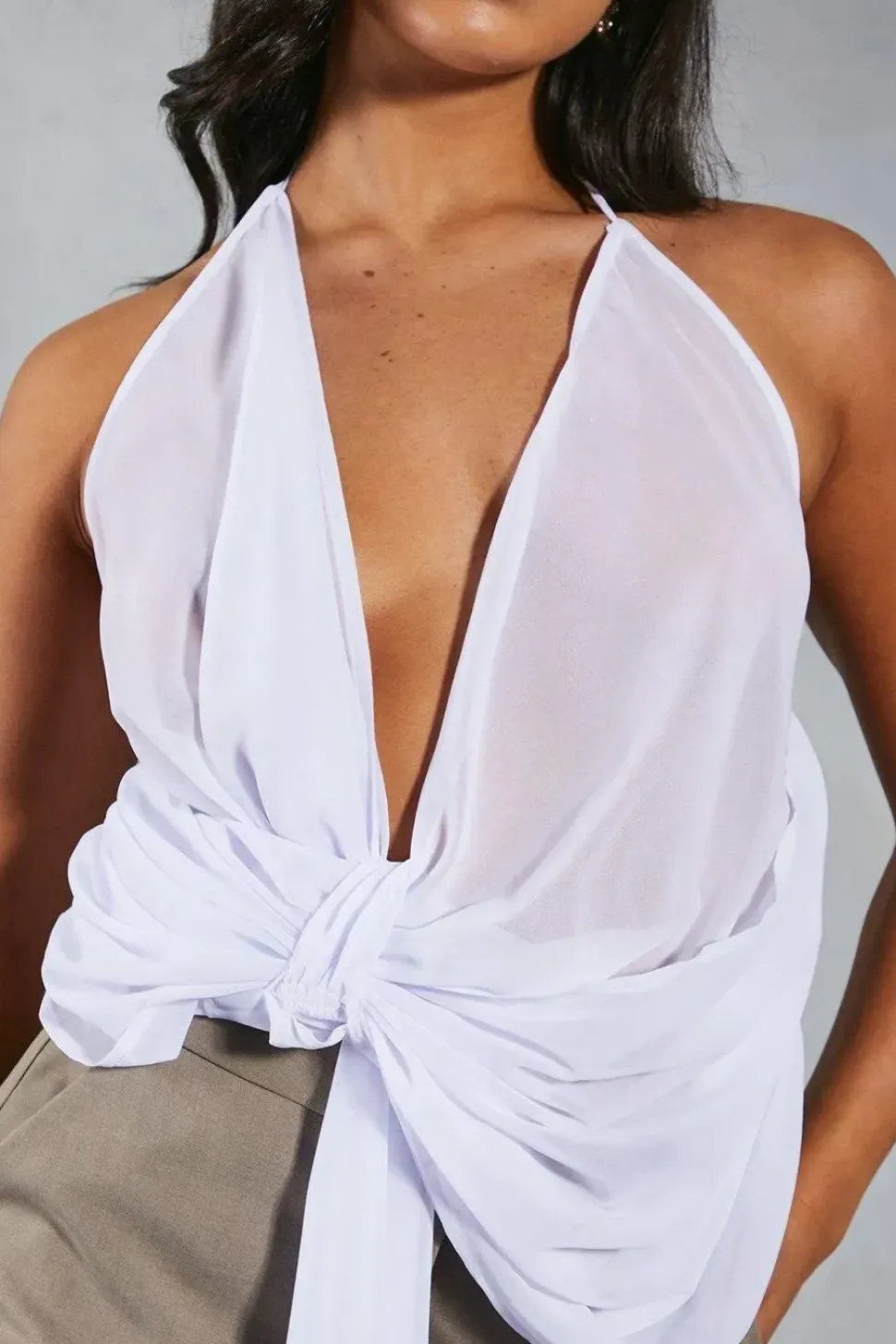 Chiffon Plunge Draped Detail Halterneck Top