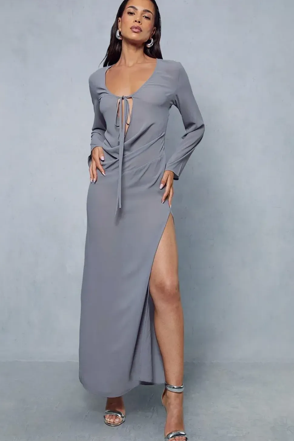 Chiffon Plunge Drape Detail Split Leg Maxi Dress