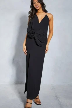 Chiffon Plunge Floral Applique Split Leg Maxi Dress