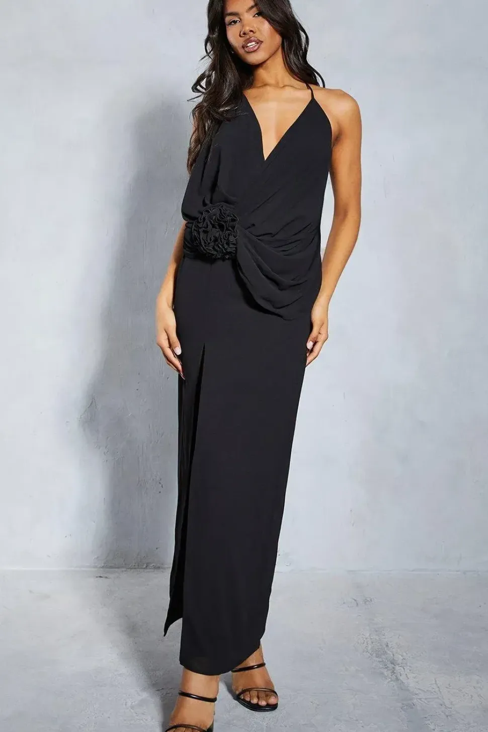 Chiffon Plunge Floral Applique Split Leg Maxi Dress