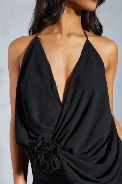 Chiffon Plunge Floral Applique Split Leg Maxi Dress