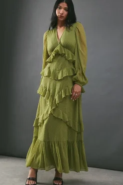Chiffon Plunge Neck Ruffle Detail Volume Sleeve Maxi Dress