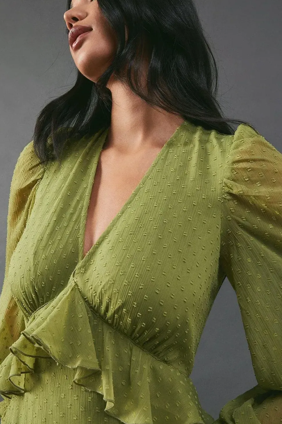 Chiffon Plunge Neck Ruffle Detail Volume Sleeve Maxi Dress