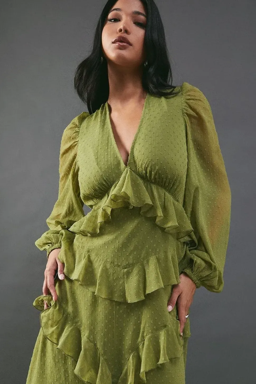 Chiffon Plunge Neck Ruffle Detail Volume Sleeve Maxi Dress