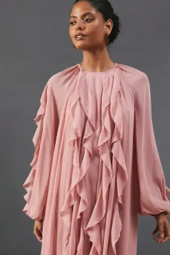 Chiffon Ruffle Blouson Sleeve Maxi Dress