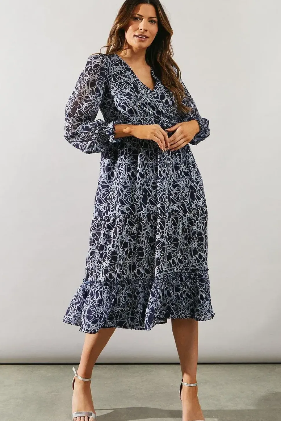 Chiffon Ruffle Detail Flute Sleeve Midi Dress