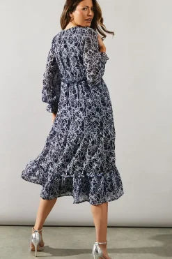 Chiffon Ruffle Detail Flute Sleeve Midi Dress