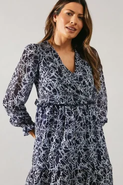 Chiffon Ruffle Detail Flute Sleeve Midi Dress