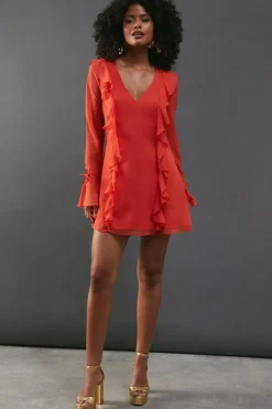 Chiffon Ruffle Detail Tie Sleeve Mini Dress