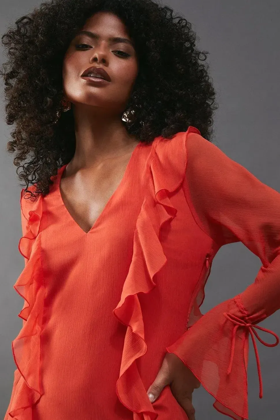 Chiffon Ruffle Detail Tie Sleeve Mini Dress