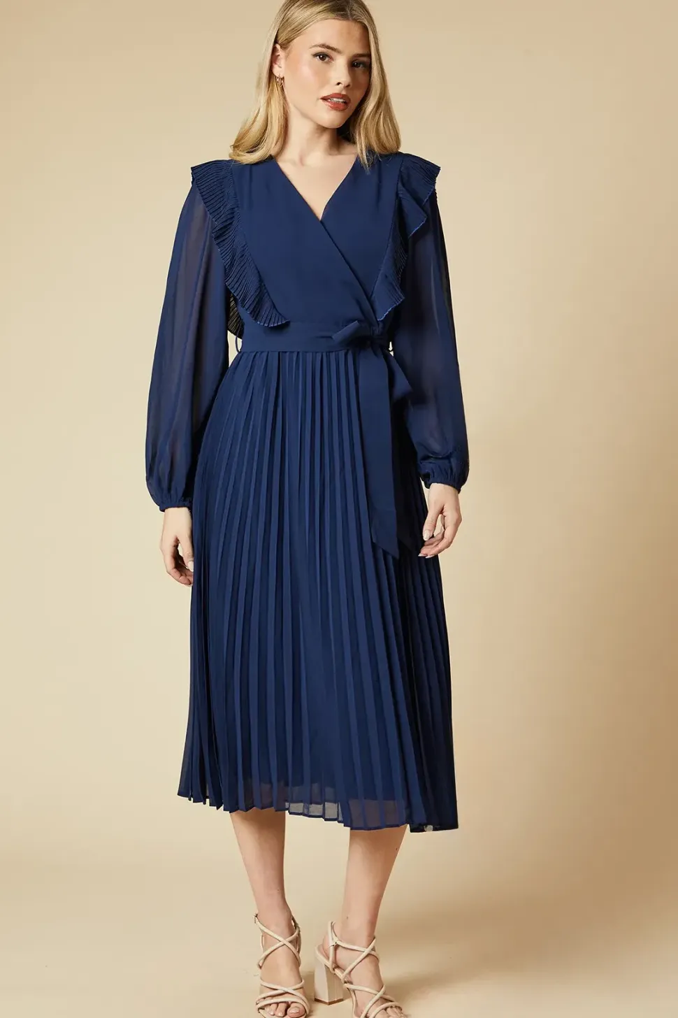 Chiffon Ruffle Front Pleated Skirt Midi Dress