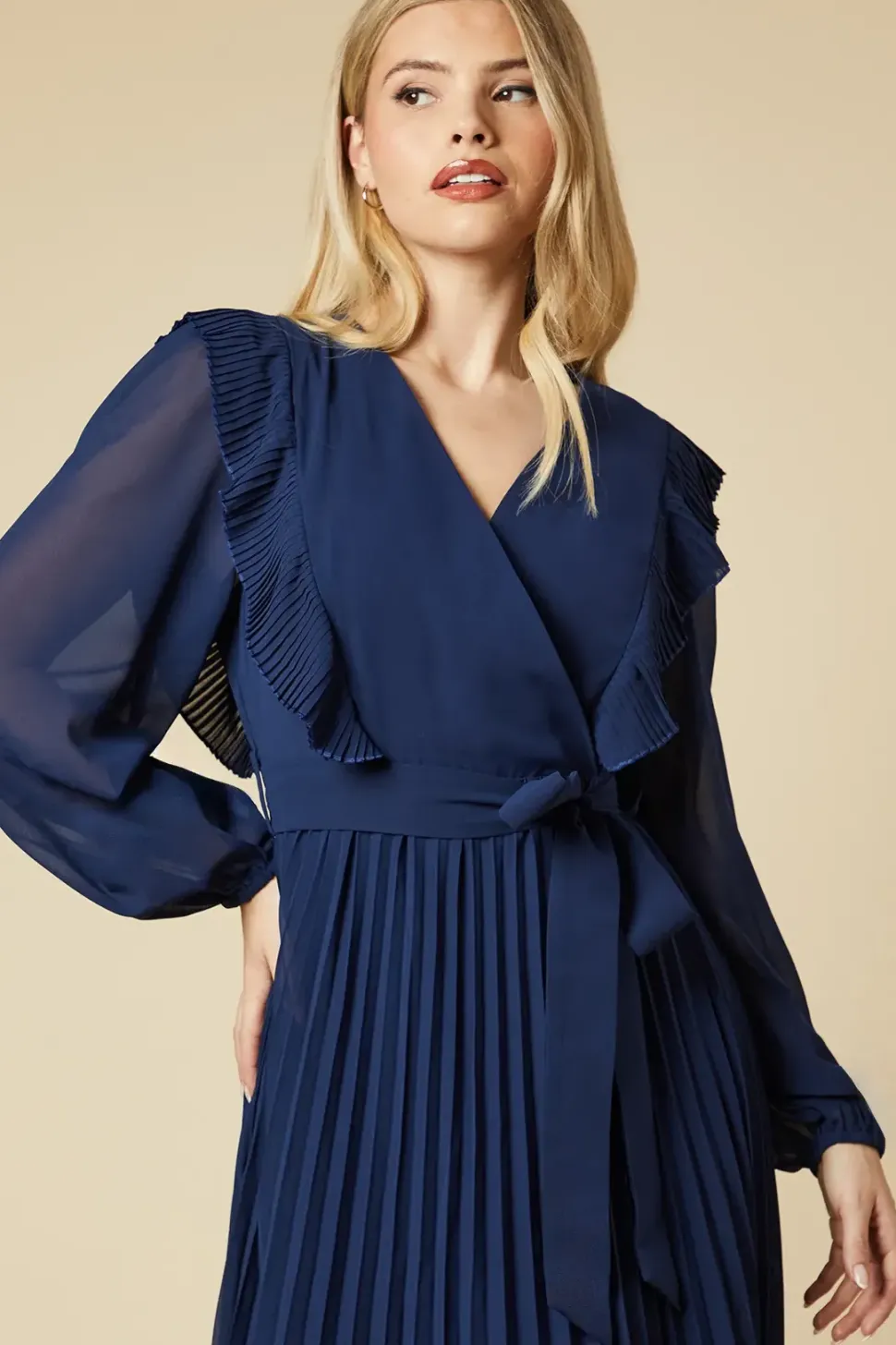 Chiffon Ruffle Front Pleated Skirt Midi Dress