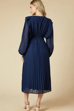Chiffon Ruffle Front Pleated Skirt Midi Dress