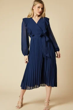 Chiffon Ruffle Front Pleated Skirt Midi Dress