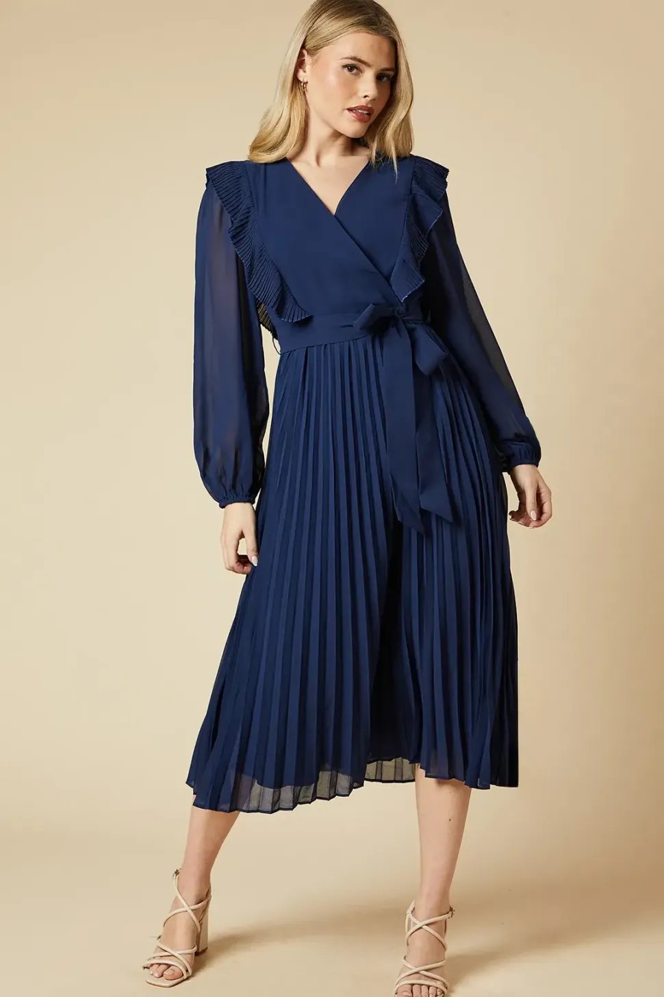 Chiffon Ruffle Front Pleated Skirt Midi Dress