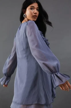 Chiffon Ruffle Front Tie Neck Mini Dress
