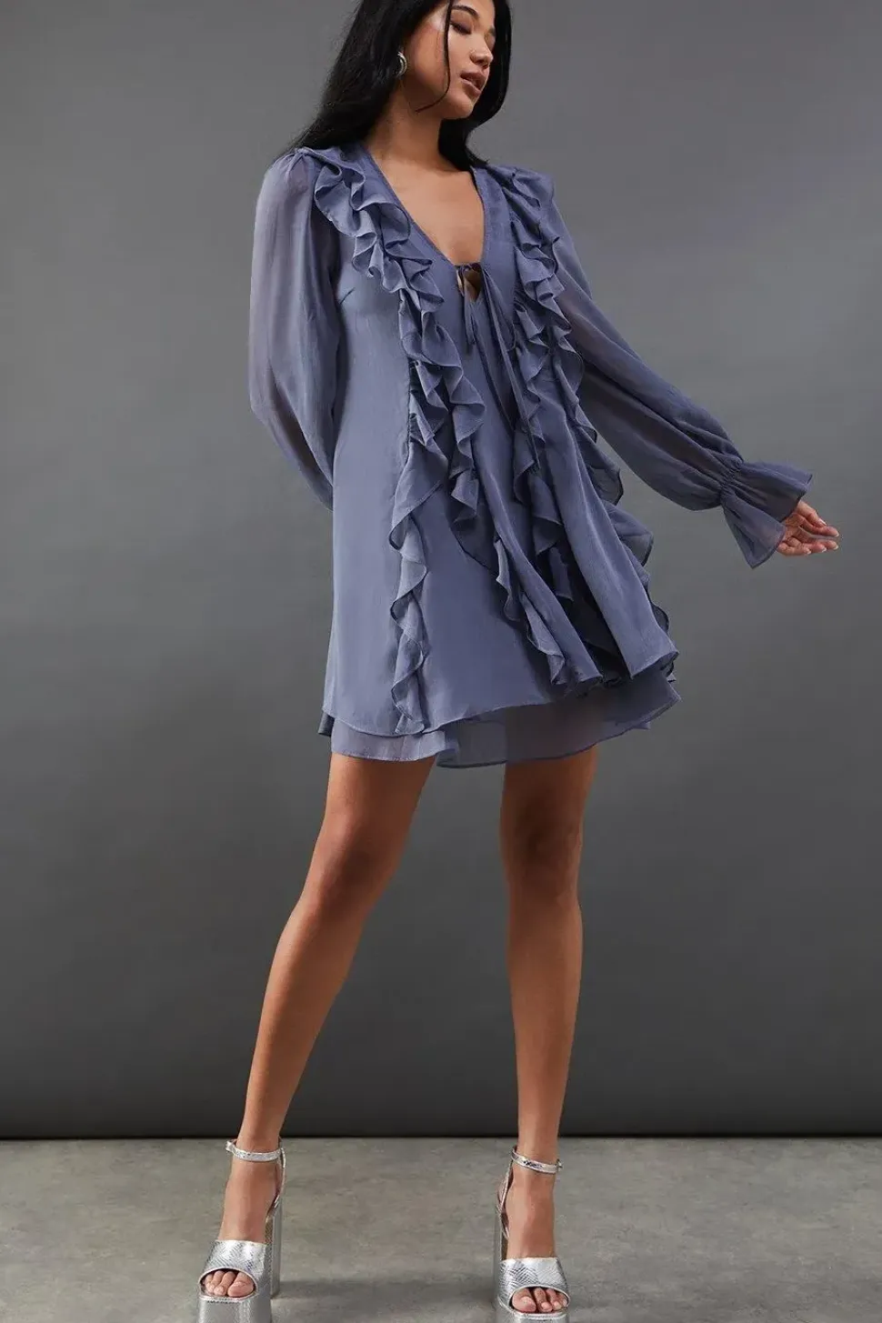 Chiffon Ruffle Front Tie Neck Mini Dress
