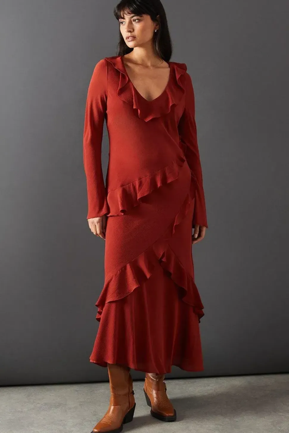 Chiffon Ruffle Seam V Neck Midi Dress